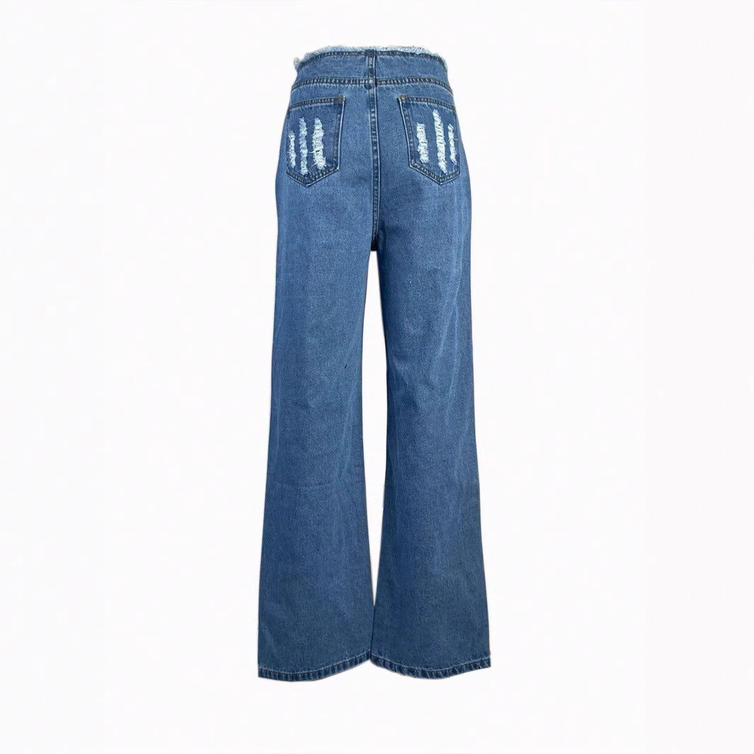 Women's high-cut wide denim jeans with heavily distressed front and raw waistband Mune Fashion