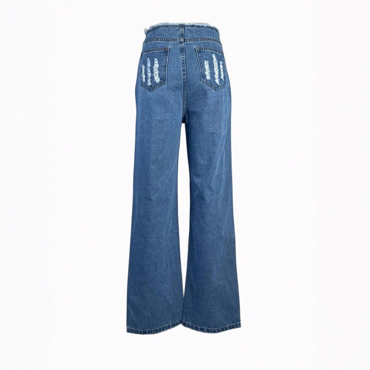 Women's high-cut wide denim jeans with heavily distressed front and raw waistband Mune Fashion