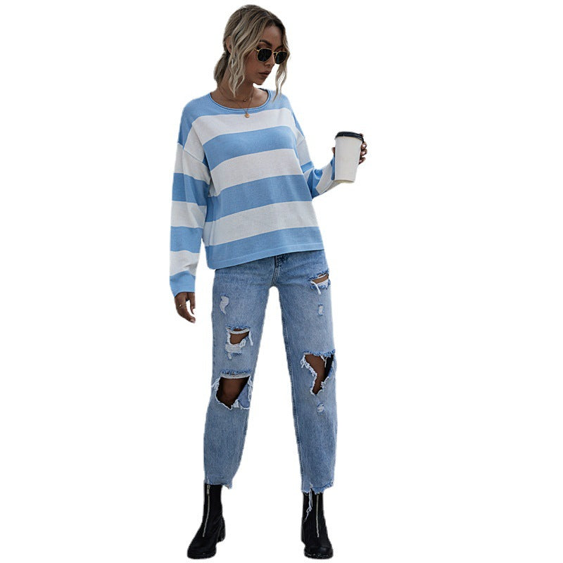 Women Loose Striped Sweater with Bardot Neckline and Oversized Cut Mune Fashion