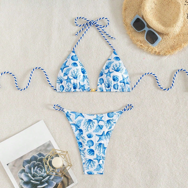 Women's triangle bikini with maritime motifs and playful cord ties Mune Fashion