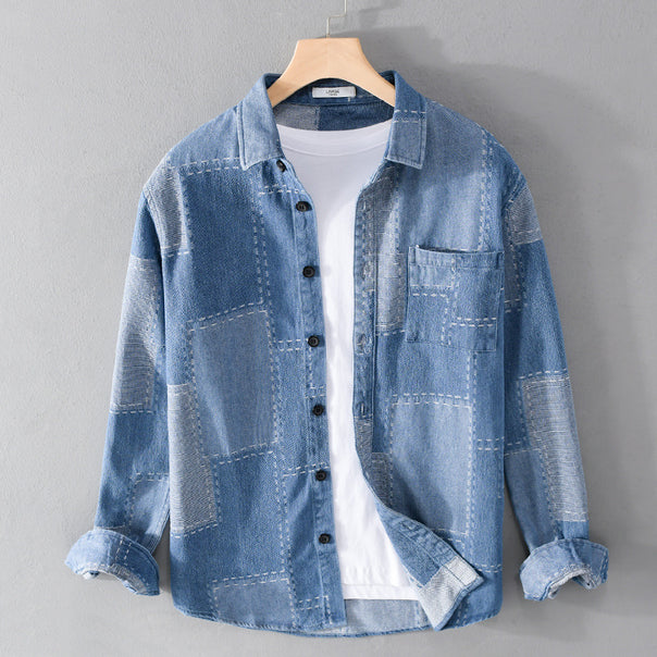 Men's patchwork shirt jacket made of textured denim with visible seams and chest pocket Mune Fashion