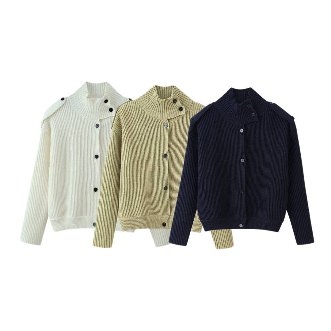 Women’s structured knit cardigan with stand-up collar, button placket and shoulder patches Mune Fashion