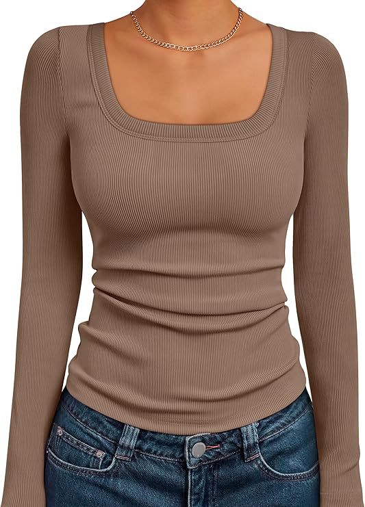 Women's Fitted Ribbed Long Sleeve Shirt with Wide Square Neckline and Stretch Cotton Blend Mune Fashion