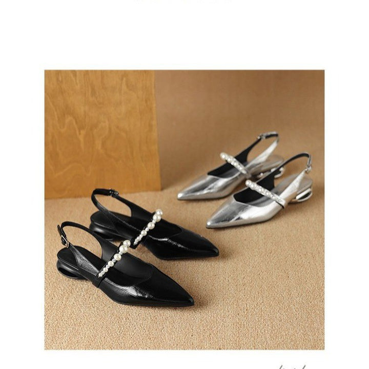 Women's lace Slingback Mules with pearl strap and sculptural heel Mune Fashion