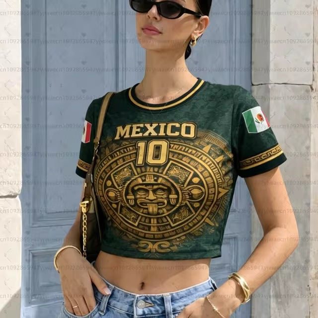 Women nan short Crop-T-Shirt with Aztec pattern and flag patches Mune Fashion