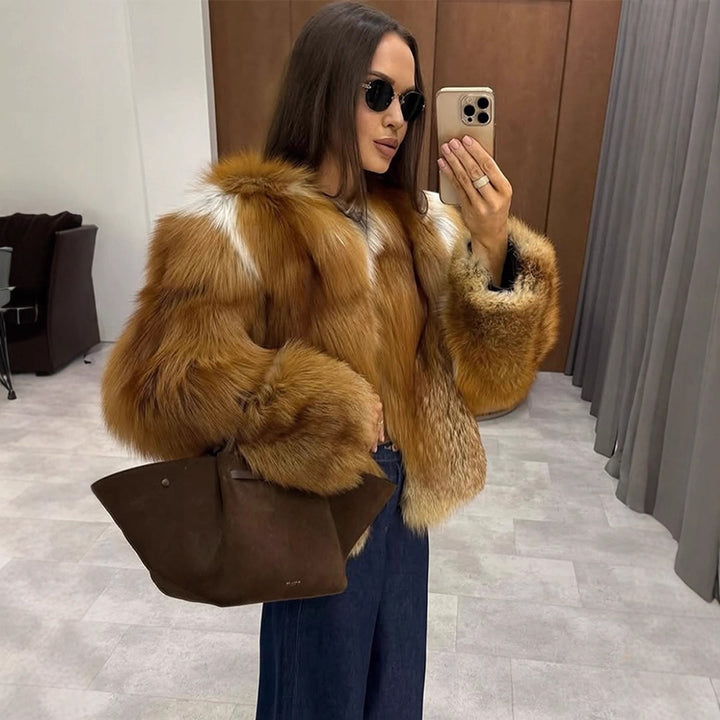 Women Boxy Short Coat in Multi-Layer Faux Fur Look with Voluminous Sleeves Mune Fashion