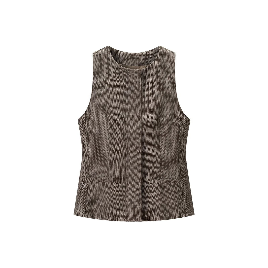 Women's Tailored Sleeveless Long Waistcoat with Herringbone Structure Mune Fashion