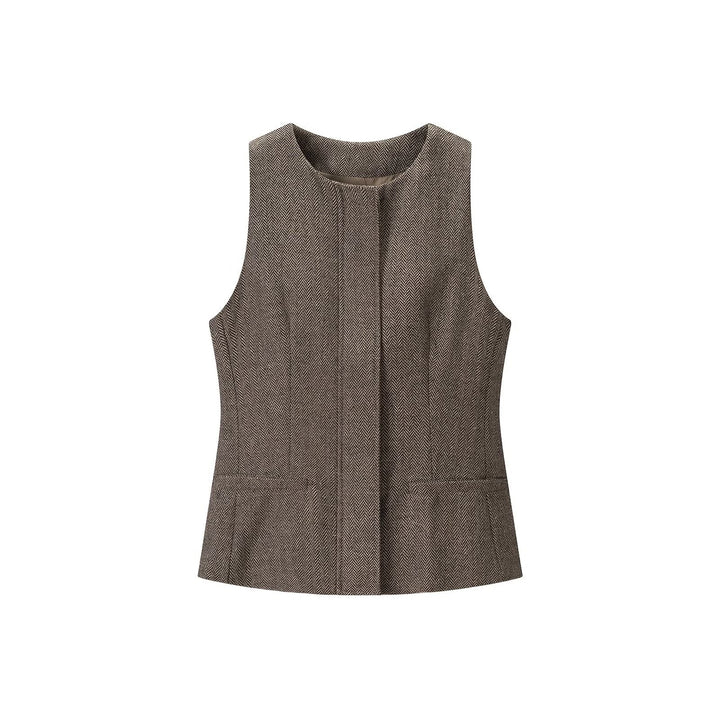 Women's Tailored Sleeveless Long Waistcoat with Herringbone Structure Mune Fashion