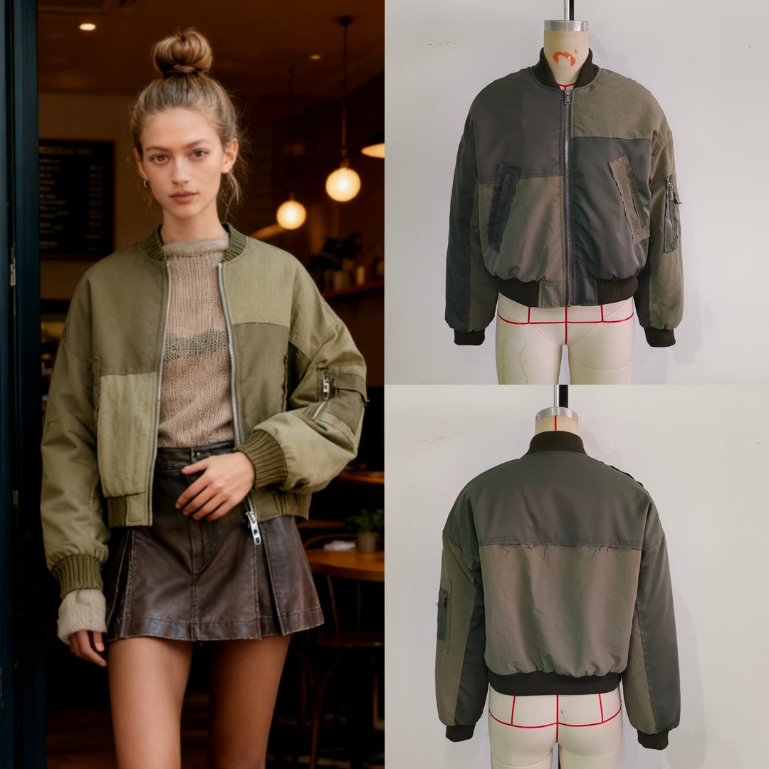 Women's Short Oversized Bomber Jacket with Utility Pockets and Ribbed Cuffs Mune Fashion