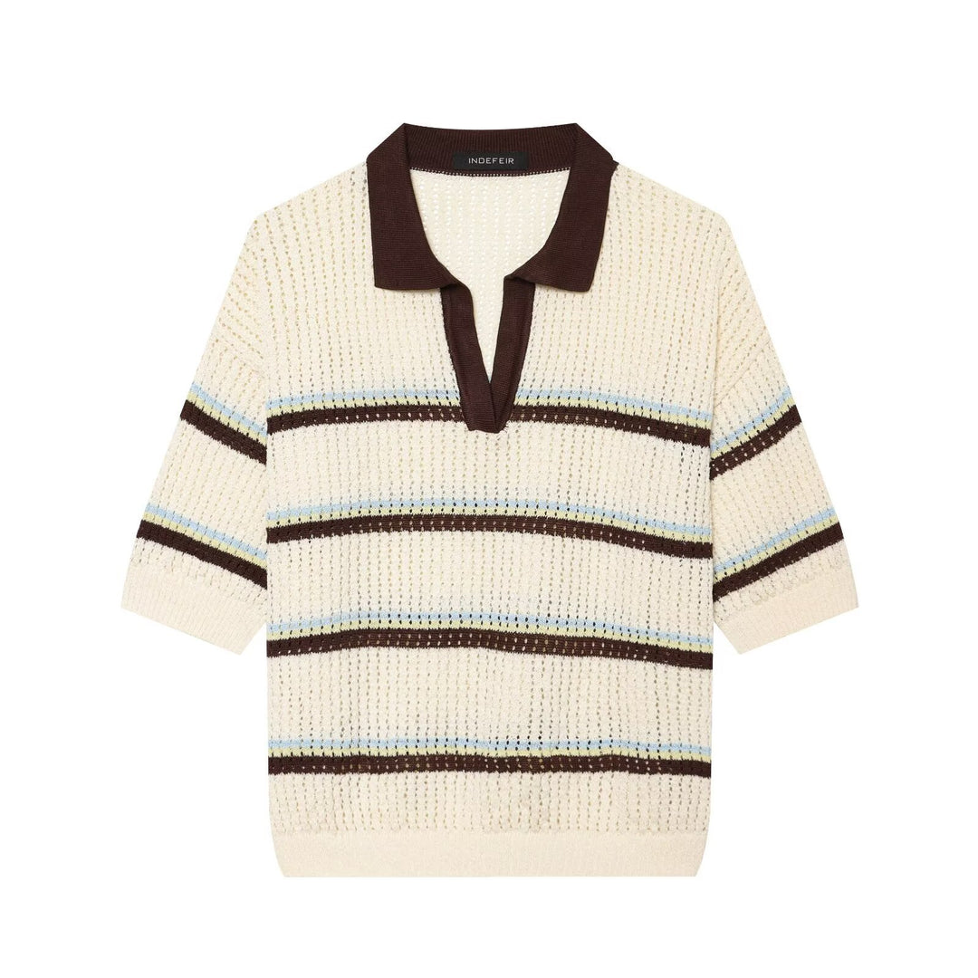 Women's short-sleeve polo pullover made of openwork knit with open V-neck Mune Fashion