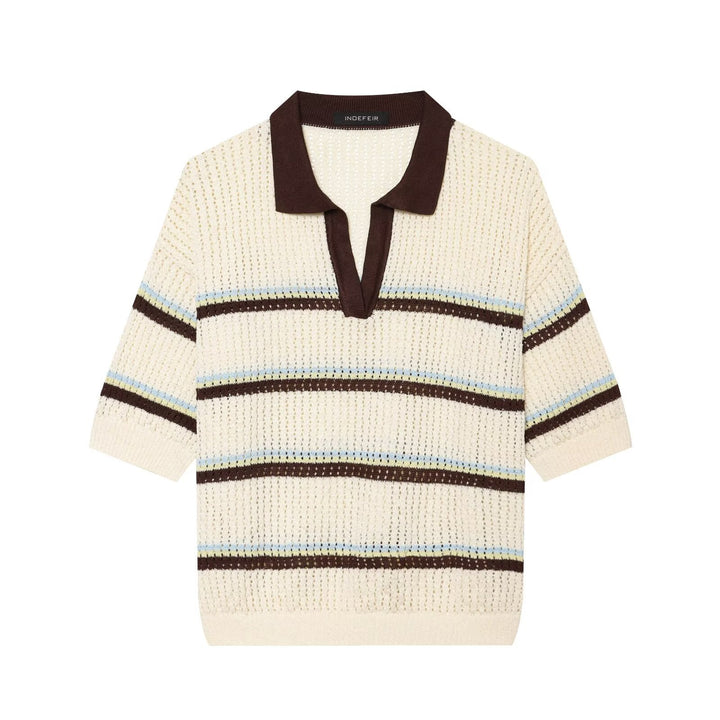 Women's short-sleeve polo pullover made of openwork knit with open V-neck Mune Fashion