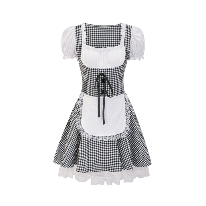 Women's Trachten dress in Vichy style with puff sleeves, lace-up corset, and lace apron Mune Fashion
