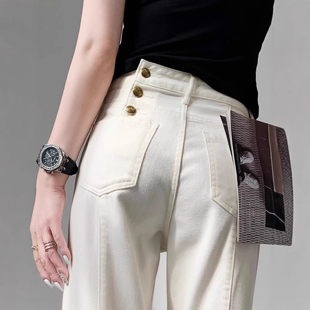 Women's high-waisted wide-leg jeans in palazzo cut with visible double-button placket Mune Fashion