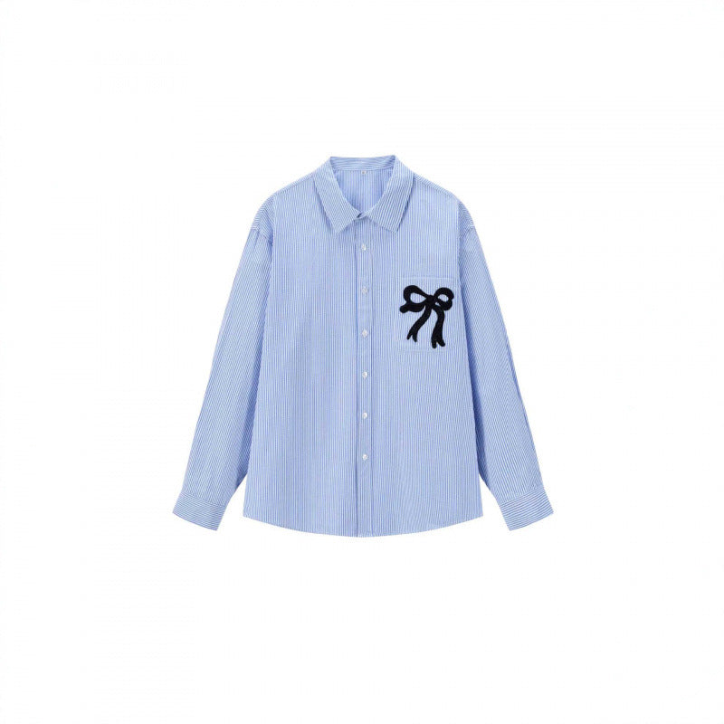 Women Oversize Casual Shirt with fine pinstripe and decorative bow application Mune Fashion