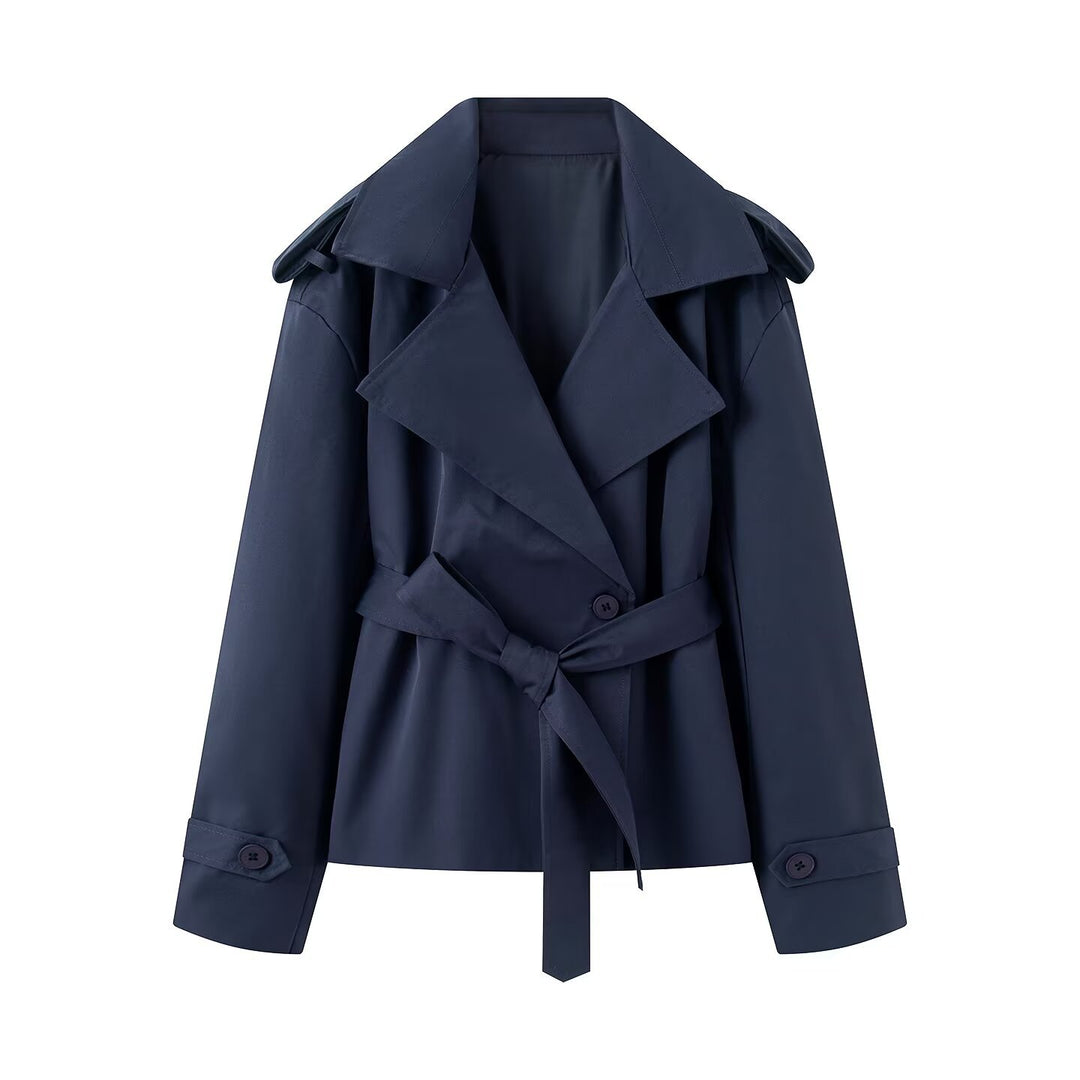 Women Short Cut Double-Breasted Trench Coat with Waist Belt and Epaulets Mune Fashion