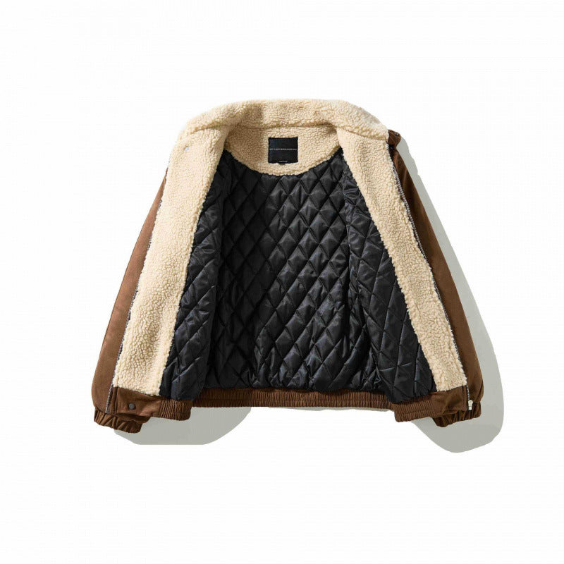 Men's Velvet Leather Look Bomber Jacket with High Stand Collar and Teddy Lining Mune Fashion