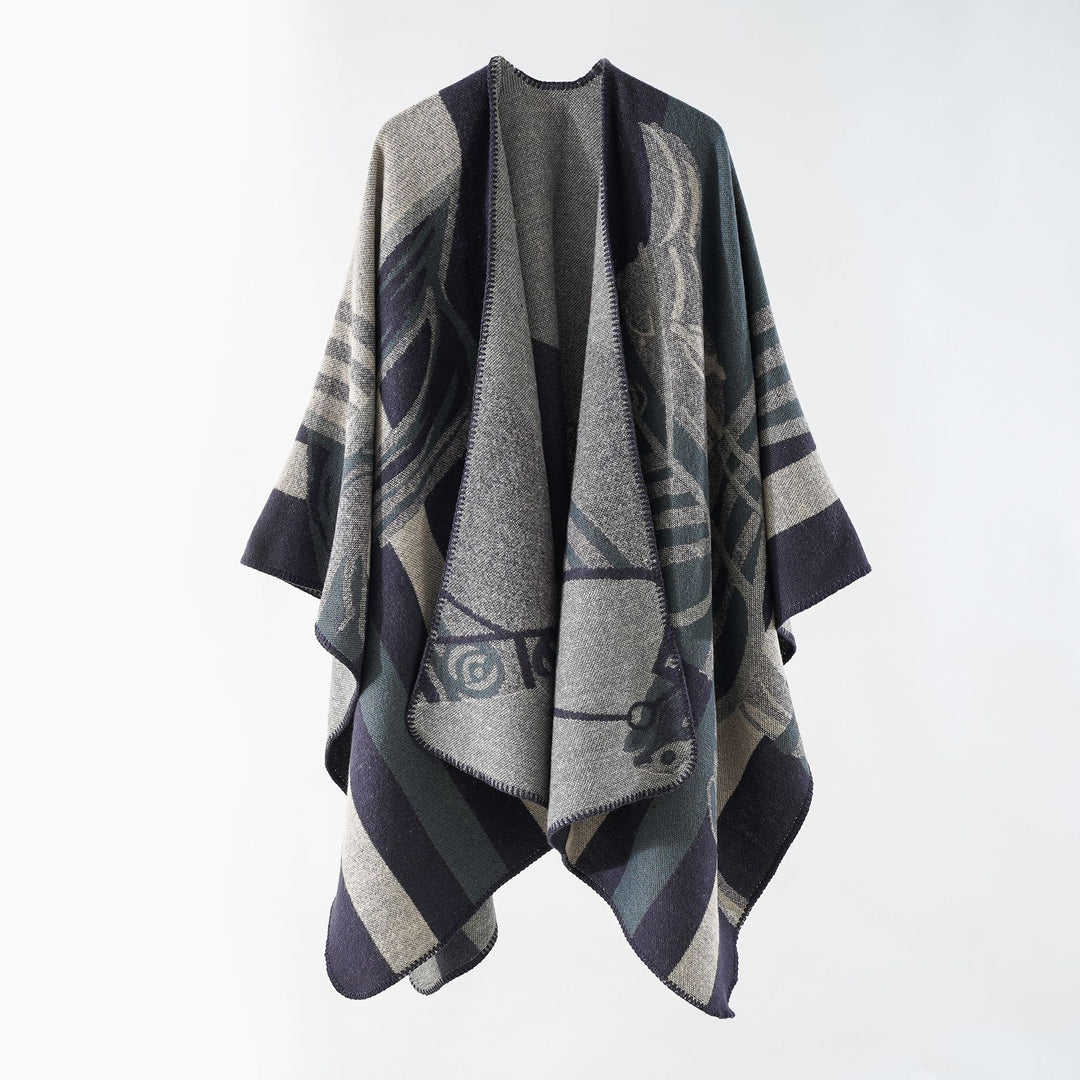 Women's Ruana wrap in coarse wool blend with graphic block design and overlock hem Mune Fashion