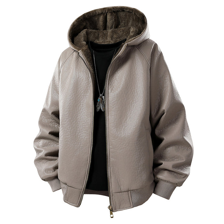 Herren gefütterte Kunstleder-Bomberjacke mit Kapuze und Teddyfutter Mune Fashion