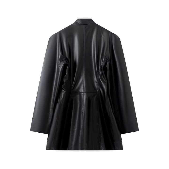 Women Faux Leather Blazer in Oversized Cut with Wrap Look and Tailored Decorative Buttons Mune Fashion