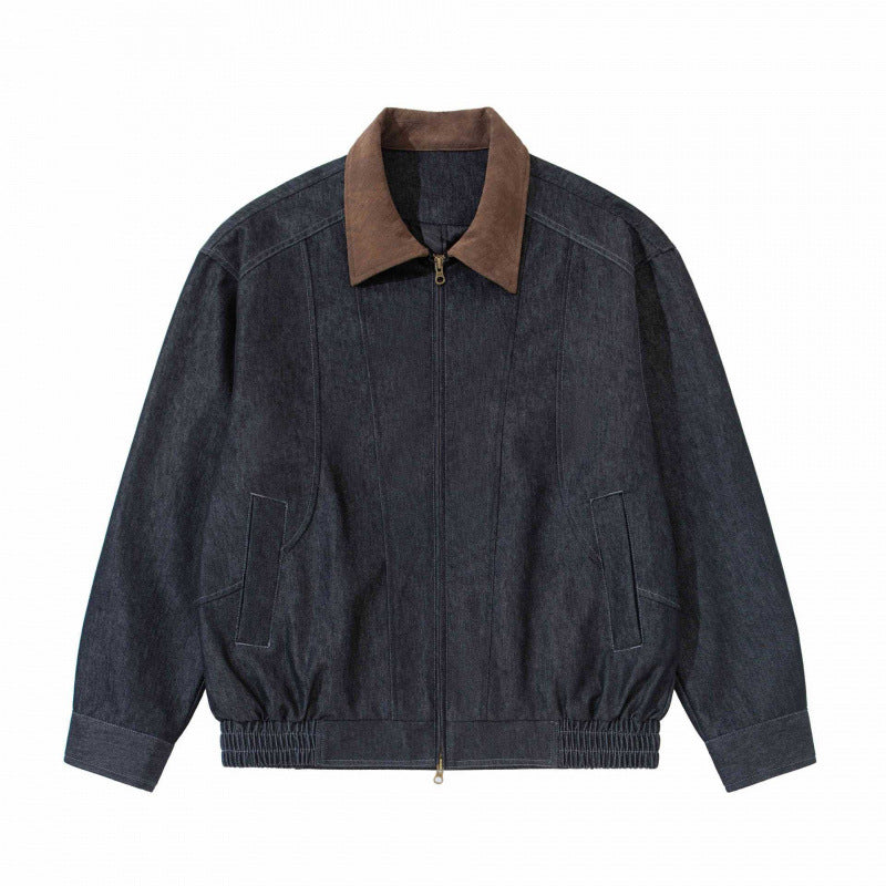 Men's Relaxed Bomber Denim Jacket with Cord Collar and Two-Way Zipper Mune Fashion