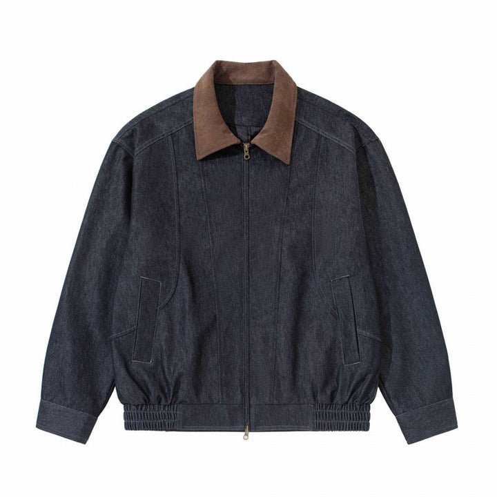 Men's Relaxed Bomber Denim Jacket with Cord Collar and Two-Way Zipper Mune Fashion