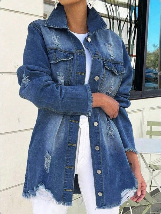 Women's Oversized Denim Jacket with Destroyed Details, Fringed Hem and Concealed Button Placket Mune Fashion
