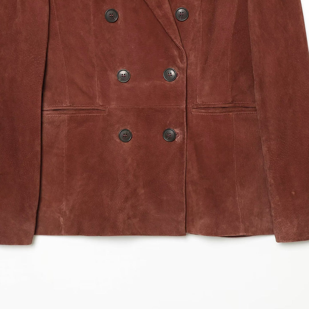 Women's cropped double-breasted velvet blazer with fitted silhouette and piped pockets Mune Fashion