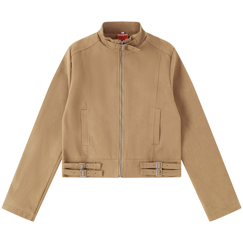Women's Short Cut Cotton Utility Jacket with Stand-Up Collar Front Zip and Adjustable Waist Straps Mune Fashion
