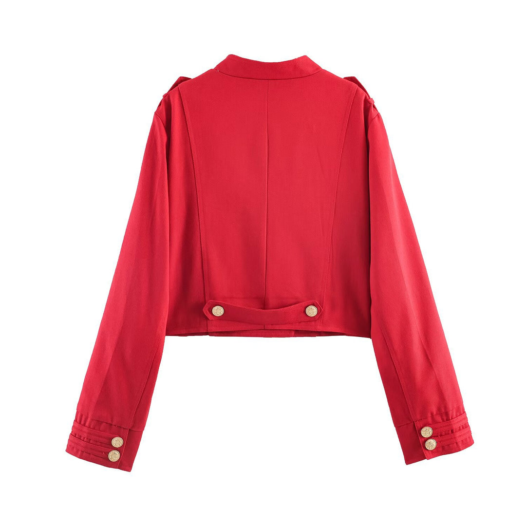 Women's Short-Cut Military Jacket with Stand-Up Collar and Decorative Button Placket Mune Fashion