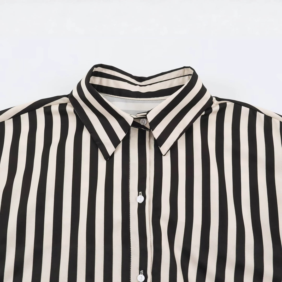 Women Long-Sleeved Shirt Blouse with Contrasting Waist Sash and Wide Cuffs Mune Fashion