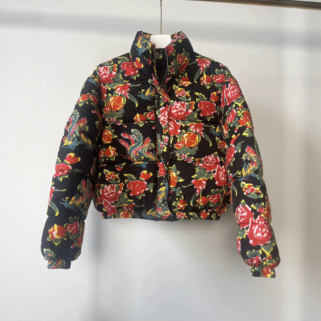 Women's Quilted Padded Short Jacket with Floral Allover Print and Stand-Up Collar Mune Fashion