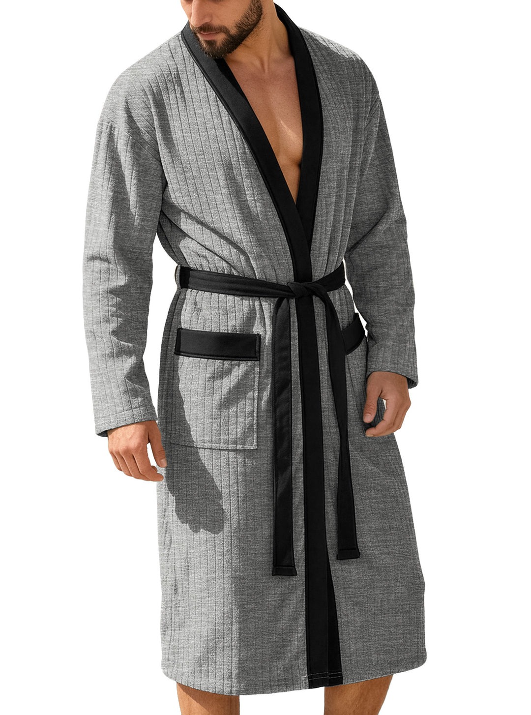 Men's knee-length ribbed kimono-style bathrobe with shawl collar and contrast piping Mune Fashion