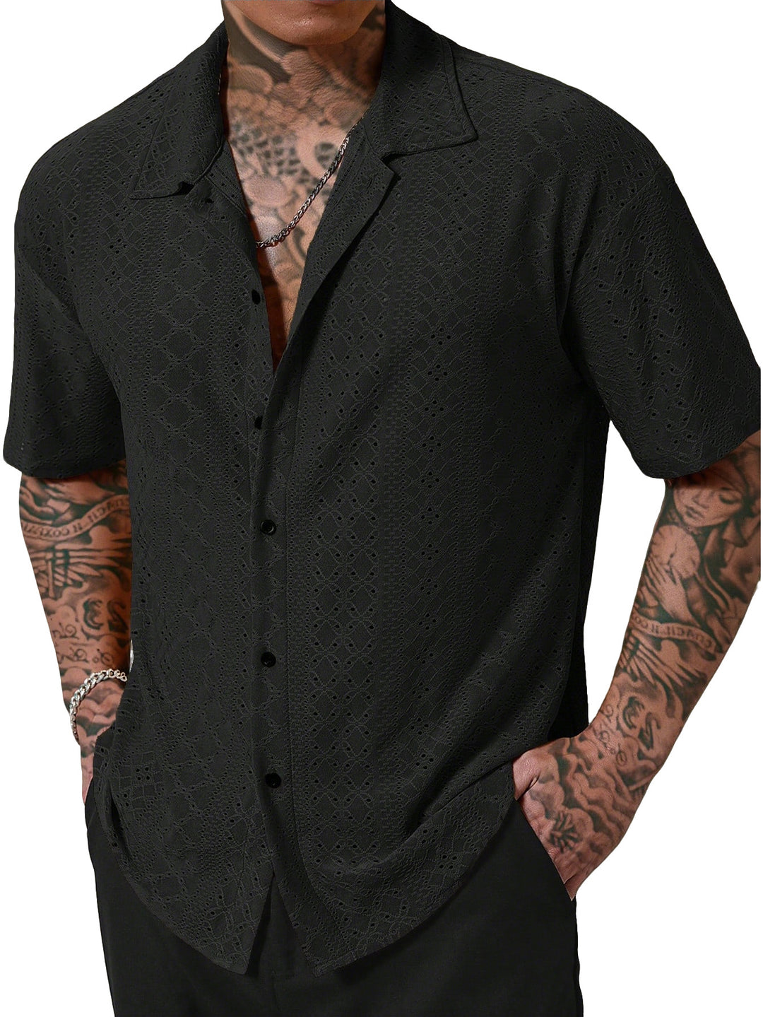 Men's short-sleeve casual shirt with openwork embroidery, lapel collar and relaxed fit Mune Fashion