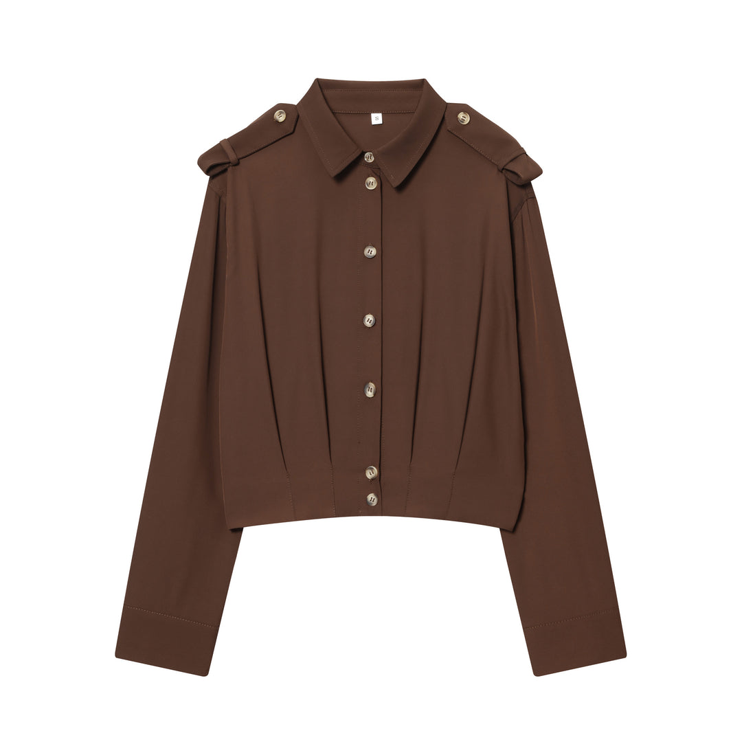 Women tailored cropped button-up blouse with epaulets and decorative button placket Mune Fashion
