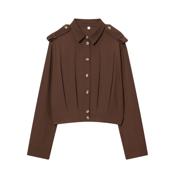Women tailored cropped button-up blouse with epaulets and decorative button placket Mune Fashion