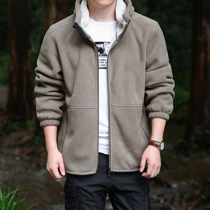 Men's fleece hooded jacket for outdoor with thermal lining, windproof surface and zip pockets Mune Fashion