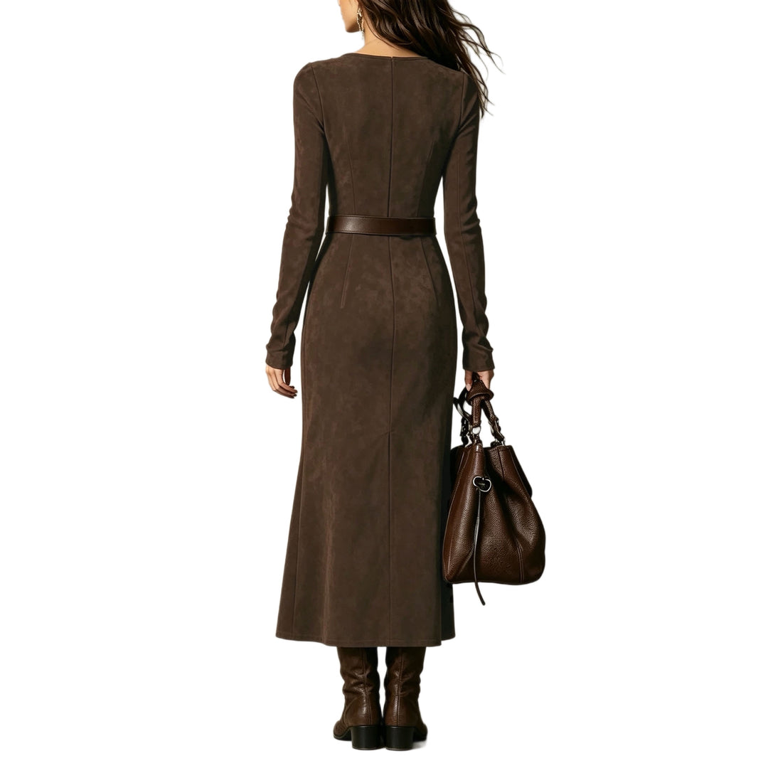 Women's maxi dress made of velvet imitation with square neckline and high slit Mune Fashion