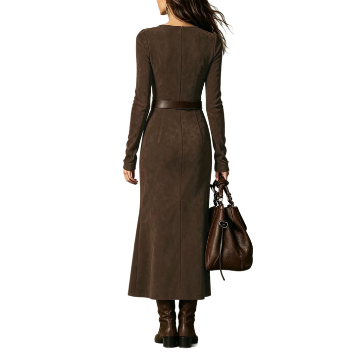 Women's maxi dress made of velvet imitation with square neckline and high slit Mune Fashion
