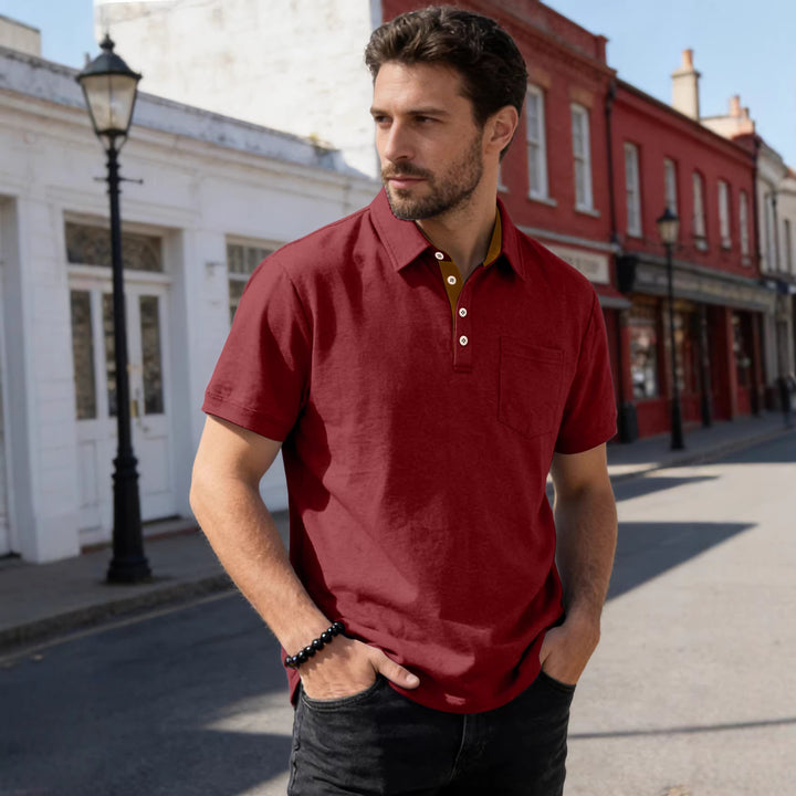 Men's short sleeve polo collar shirt made of textured jersey with chest pocket and contrasting button placket Mune Fashion