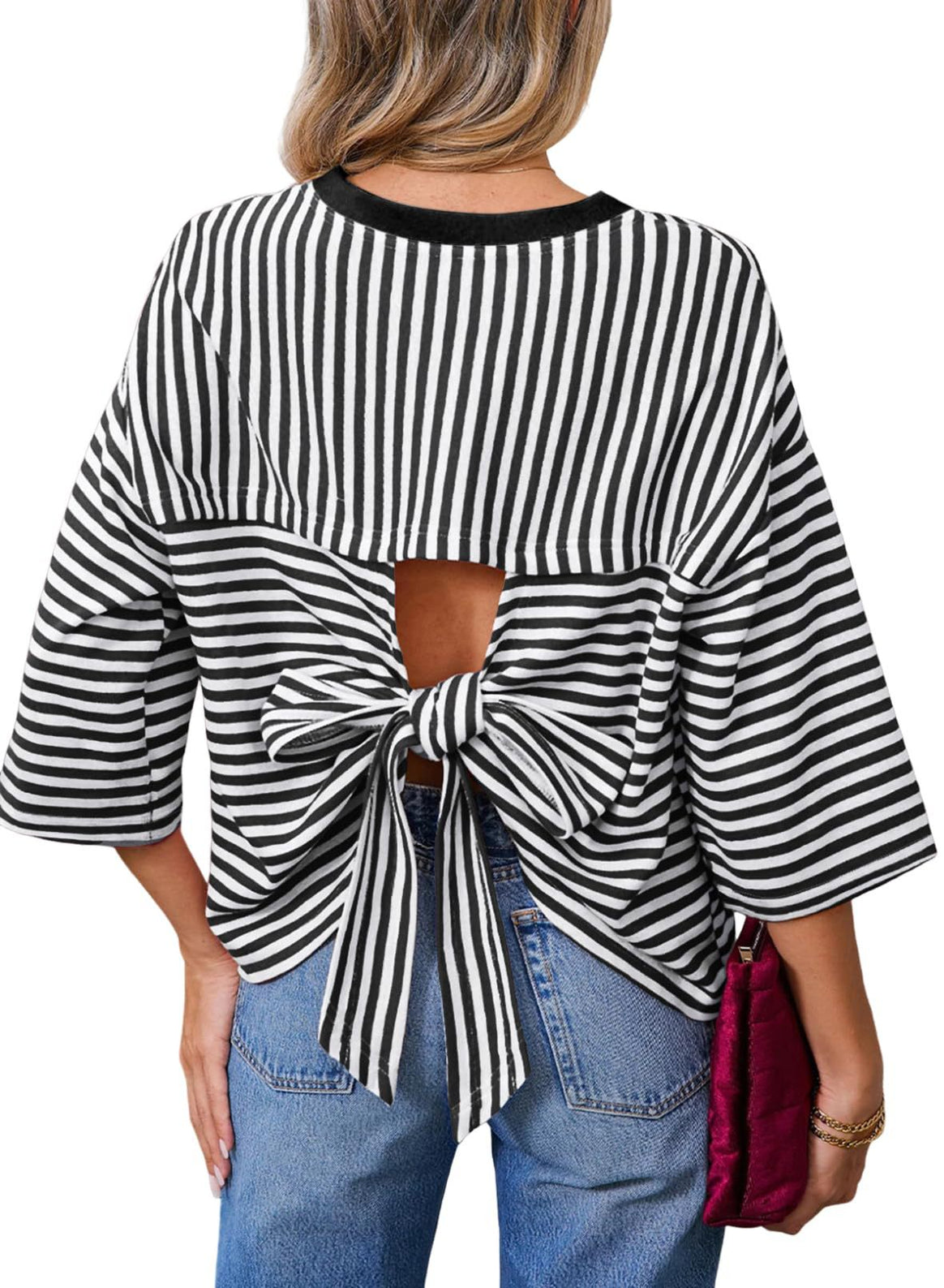 Women's Striped Oversize Shirt with Back Cutout and Bow Tie Mune Fashion