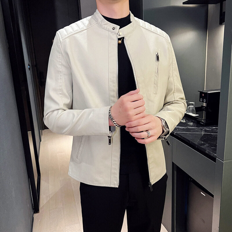 Men's Elegant Leather Jacket with Stand-up Collar Mune Fashion