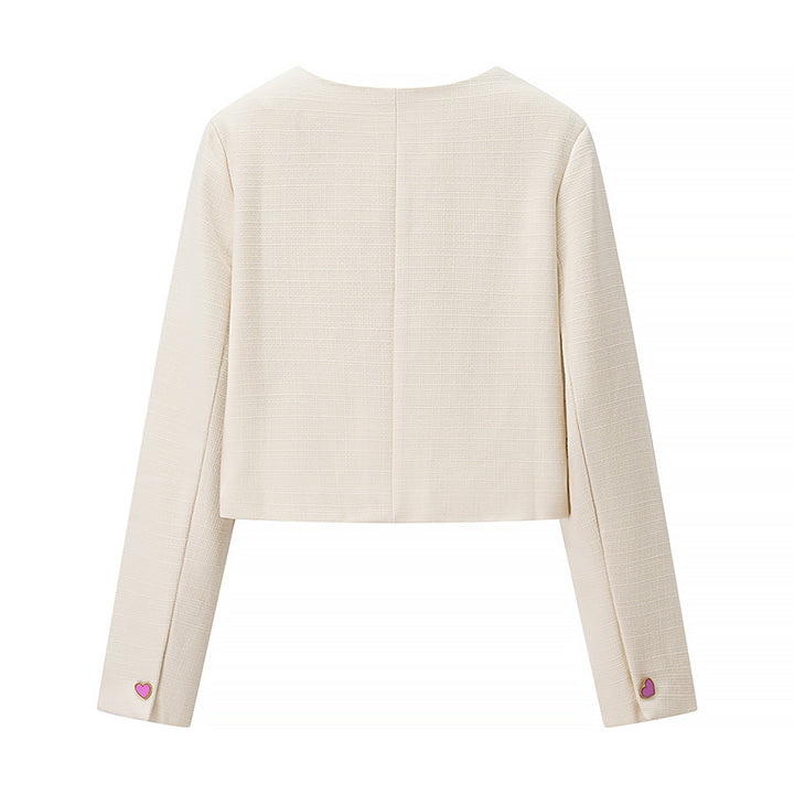 Women's Tailored Boucle Short Blazer with Curved Button Placket and Heart Buttons Mune Fashion