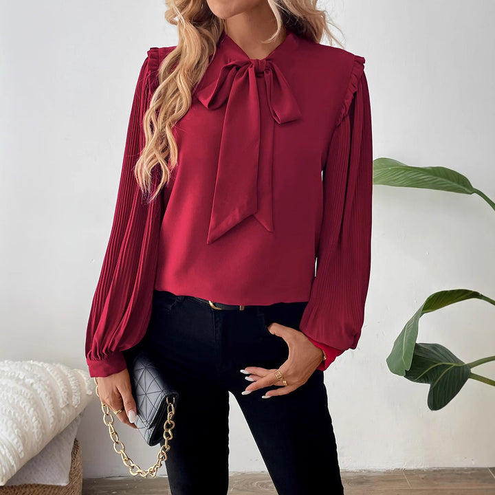 Ladies Elegant Chiffon Blouse with Bow Collar and Pleated Sleeves Mune Fashion