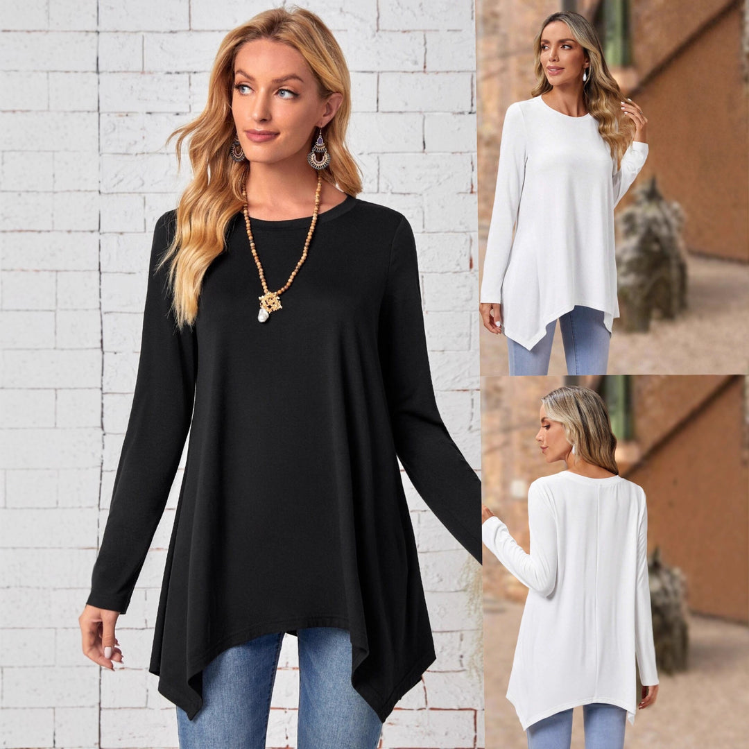 Women's Long A-Line Tunic Top with Round Neck and Asymmetrical Hem Drune