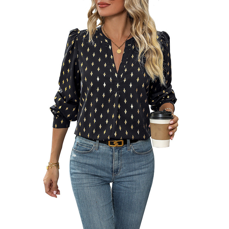 Women's Printed Viscose Blouse with Diamond Print, Stand Collar and Balloon Sleeves Mune Fashion
