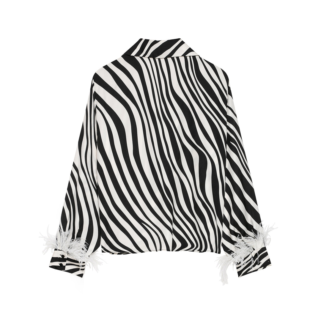 Women Striped Cropped Shirt Blouse with Feather Trim Mune Fashion