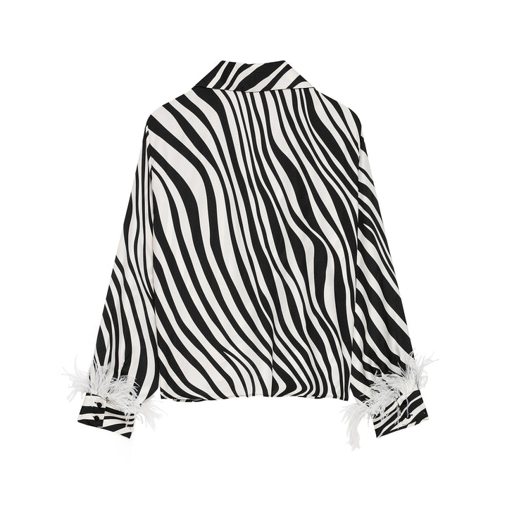 Women Striped Cropped Shirt Blouse with Feather Trim Mune Fashion