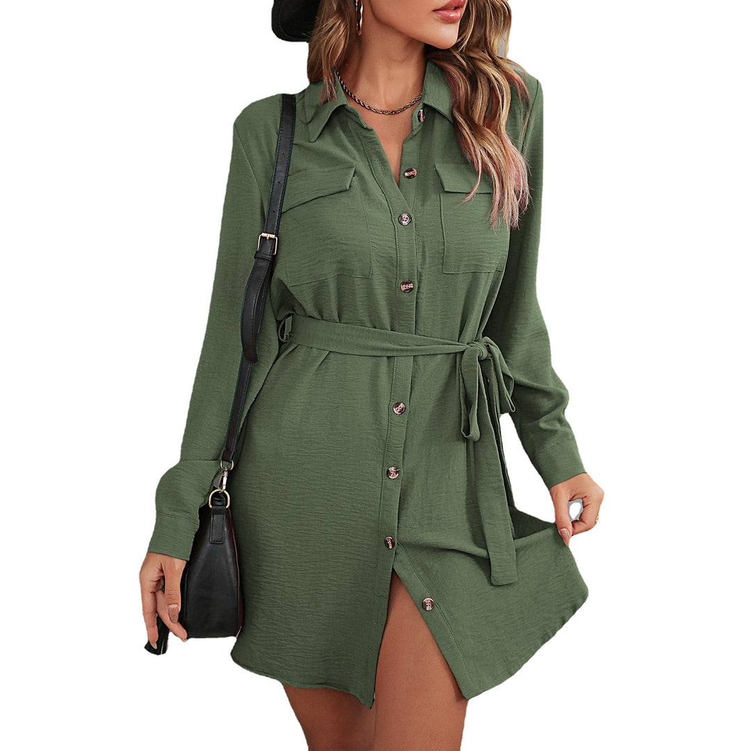 Women's Loose Shirt Blouse Mini Dress with Waist Belt and Patch Breast Pockets Mune Fashion