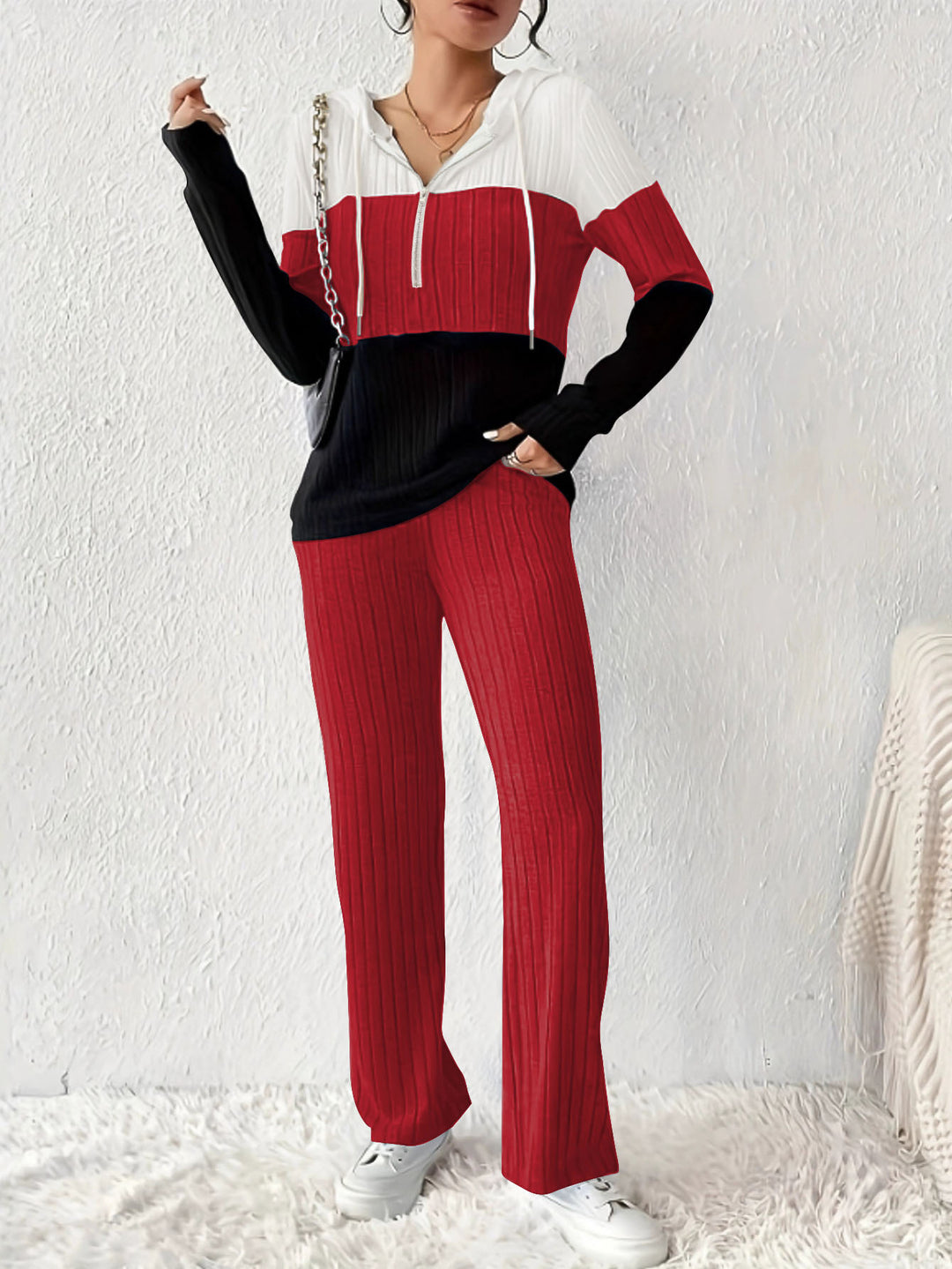 Women's Ribbed Lounge Set with Hooded Half-Zip and Wide Palazzo Knit Pants Mune Fashion