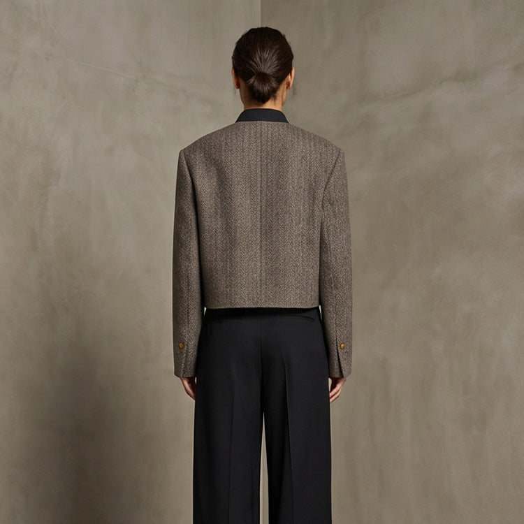 Ladies Short Cut Wool Blazer with Stand-up Collar and Herringbone Pattern Mune Fashion